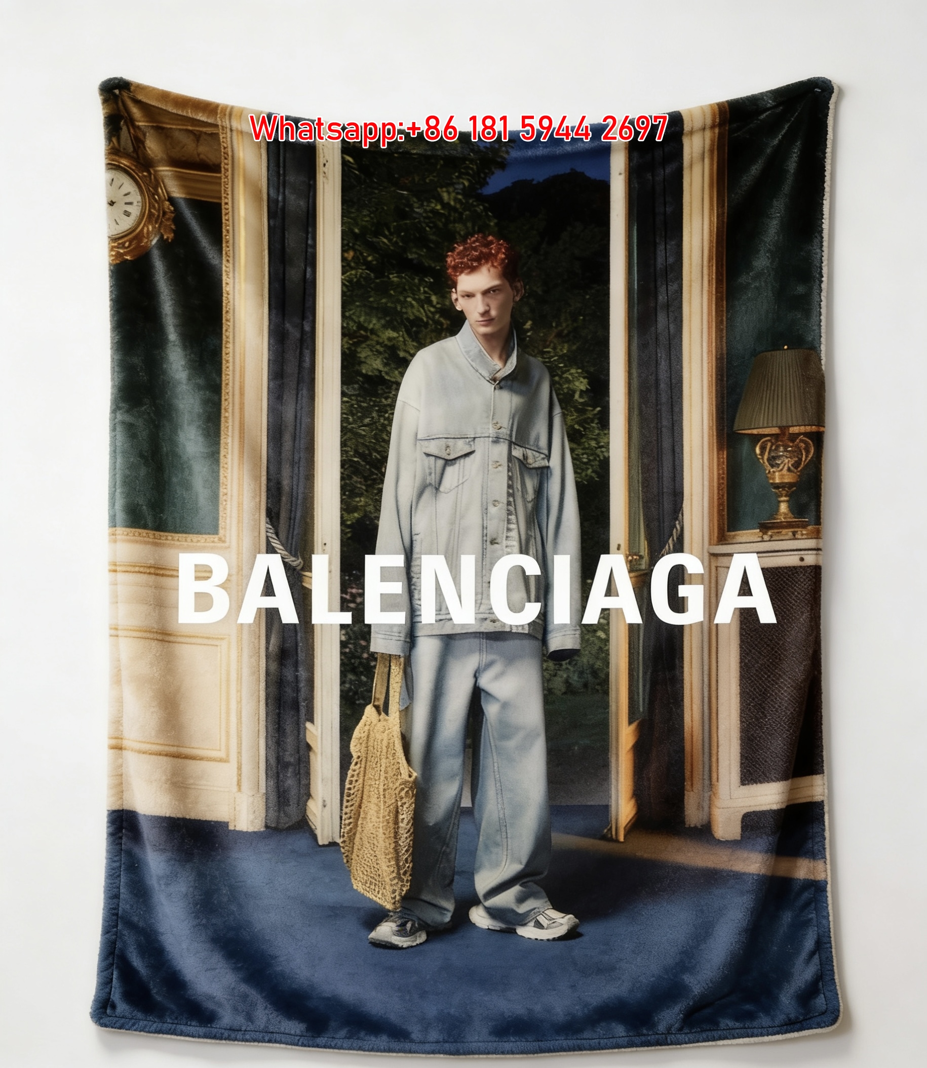 Balenciaga Denim Print Fleece Throw Blanket BA444